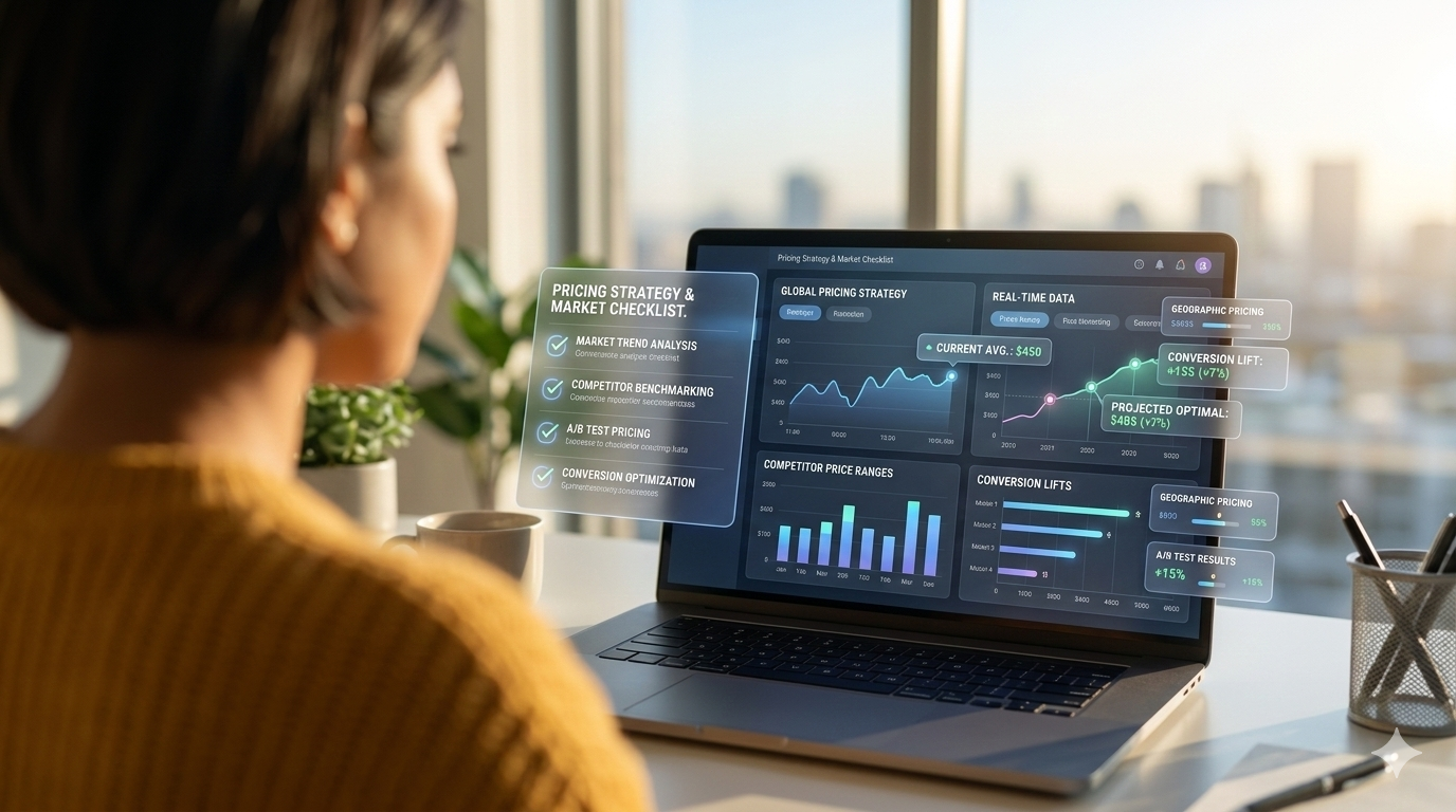 Seller reviewing a pricing strategy and real-time market data dashboard on a laptop to price a home accurately