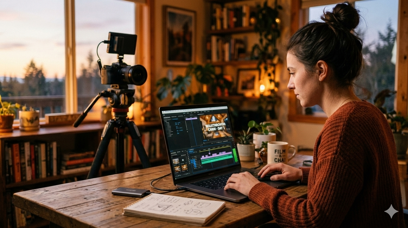Real estate content creator editing a listing video on a laptop with a camera on a tripod in a home office