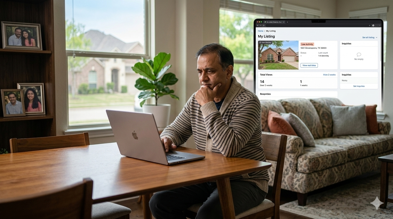 Homeowner reviewing a real estate listing performance dashboard on a laptop with low activity, representing a listing not getting showings