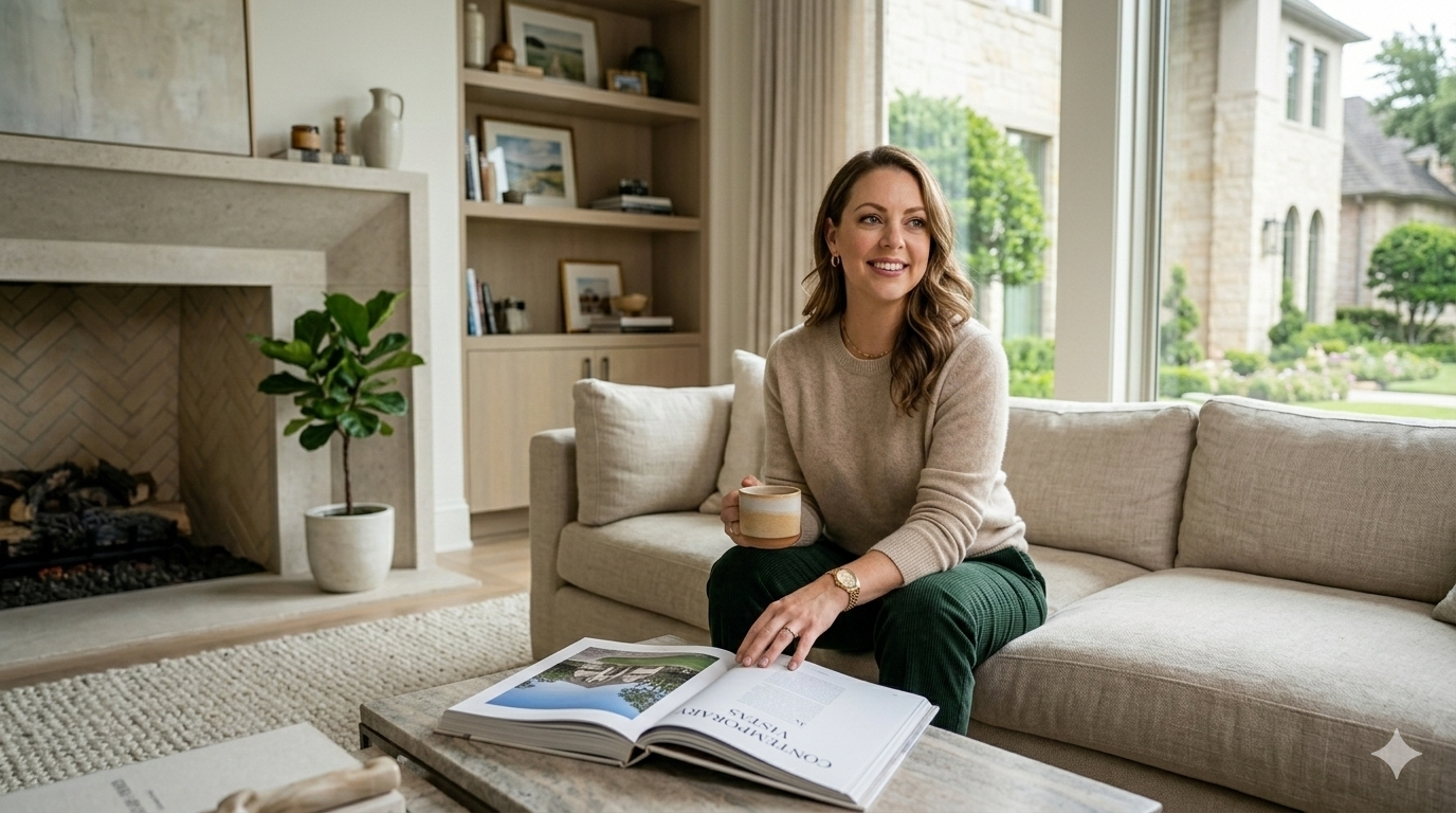 Homeowner relaxing in a bright, staged living room reviewing a home listing book and planning to sell