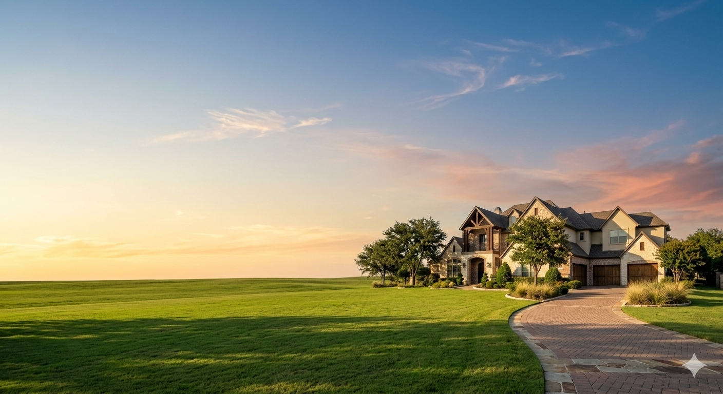 Luxury home on a large open lot at sunset with long driveway and expansive green lawn