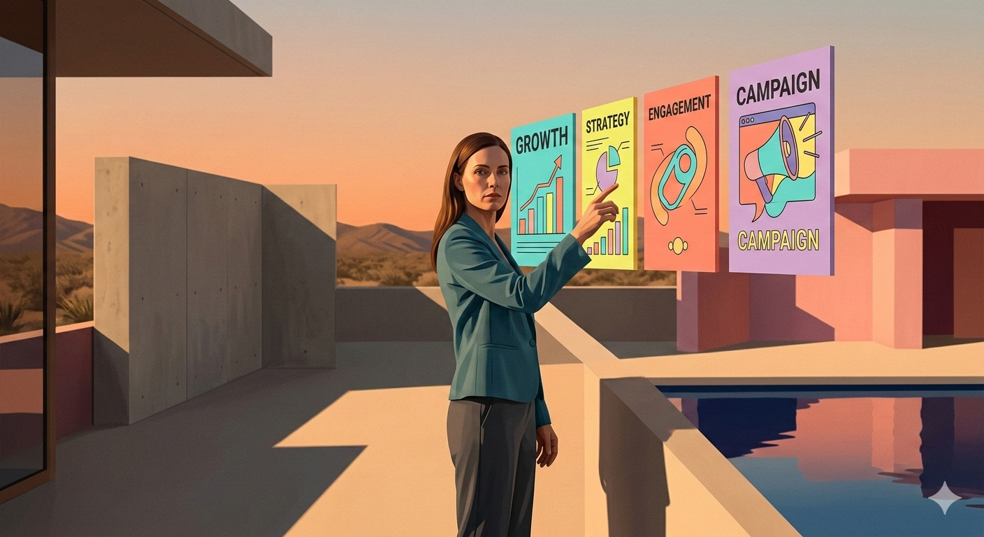 Illustration of a marketing strategist reviewing growth, strategy, engagement, and campaign visuals, representing a real estate marketing plan