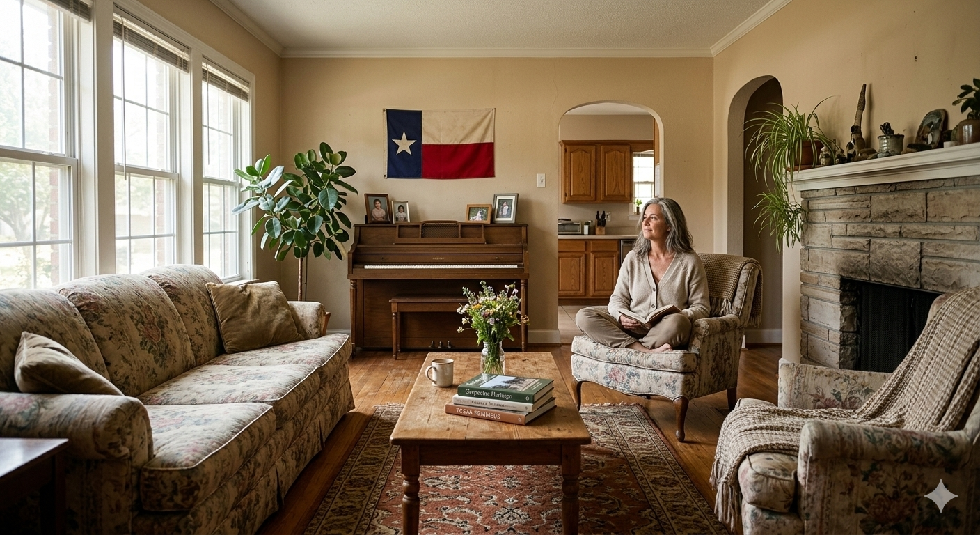 Cozy lived-in living room with natural light, vintage furniture, piano, and Texas flag, showing a homeowner relaxing at home