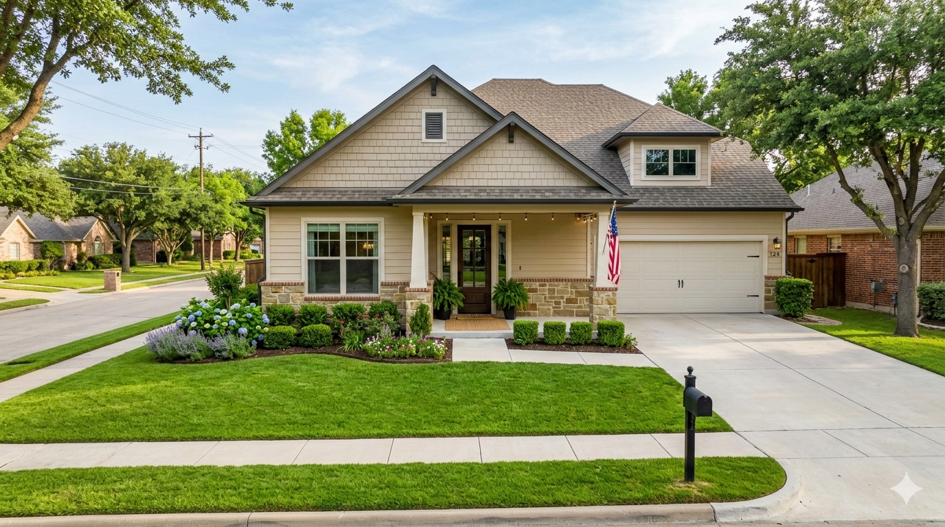 Well-maintained single-family home with manicured lawn, landscaped flower beds, and two-car garage in a suburban neighborhood