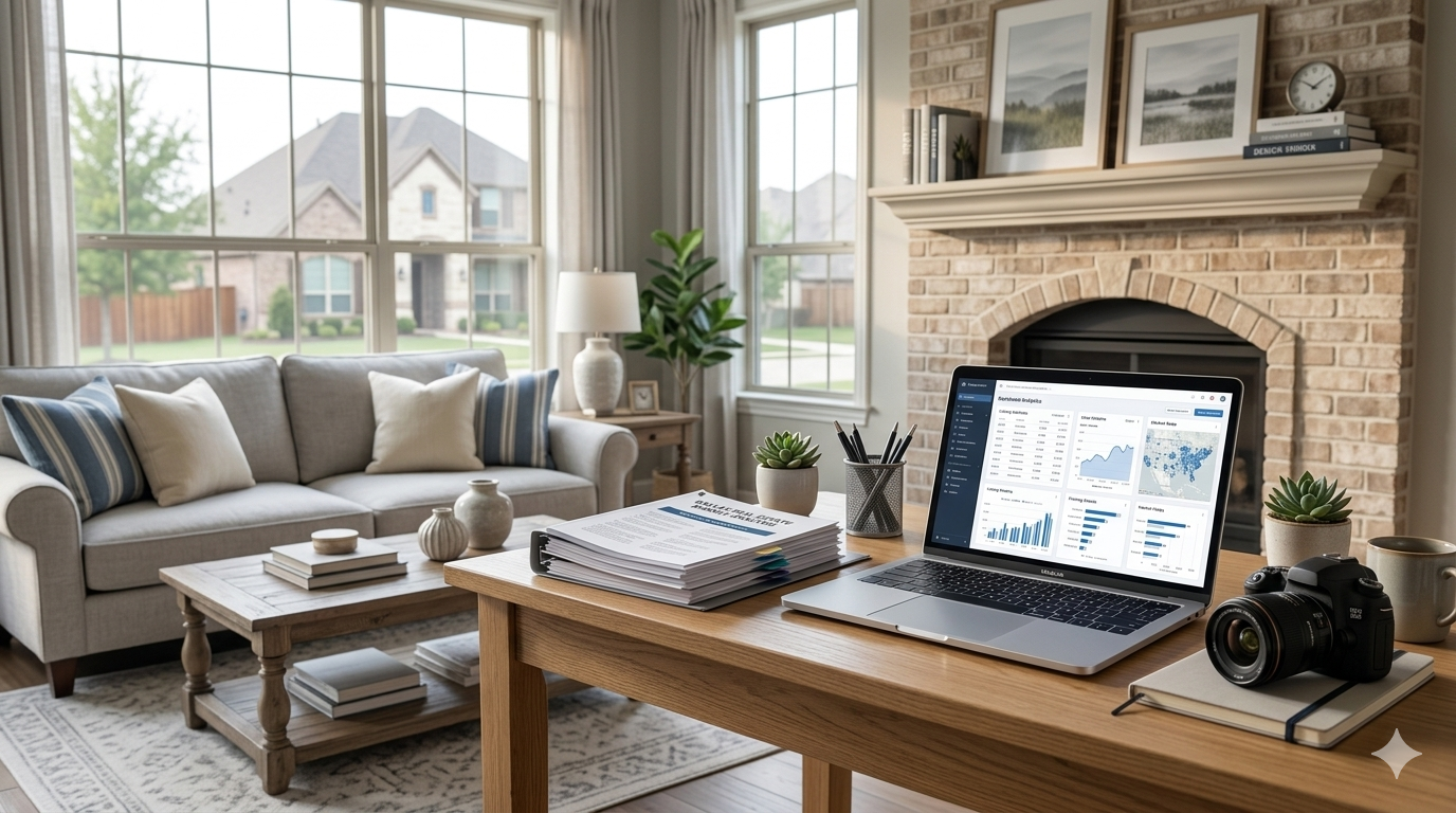 Real estate listing marketing setup in a staged living room with laptop showing analytics dashboard, paperwork, and camera for listing photos