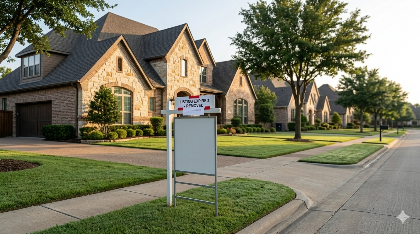 Expired listing sign removed in front of a suburban home, representing a home that did not sell and needs a relisting strategy