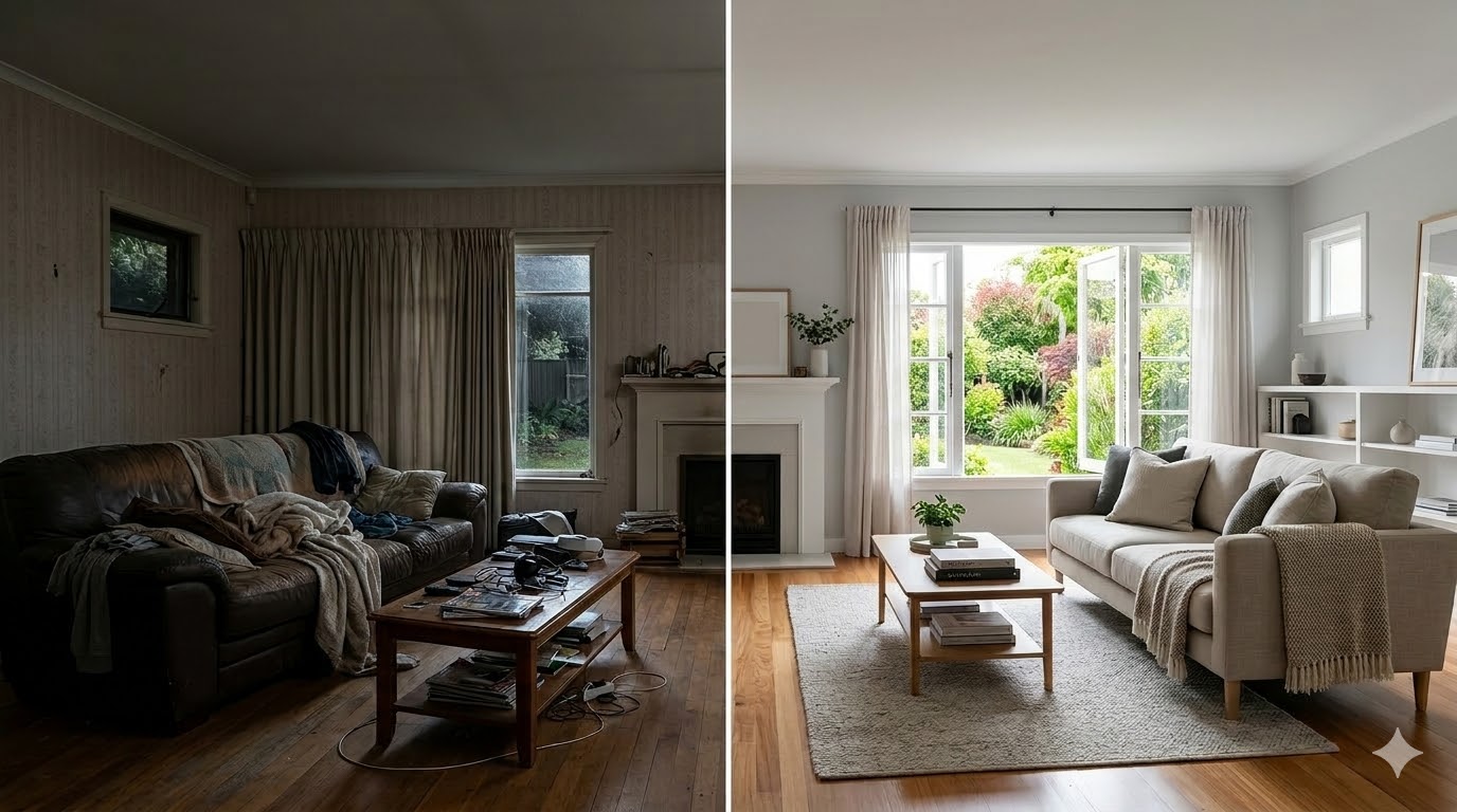 Before and after living room staging comparison showing a dark, cluttered outdated space transformed into a bright, clean, modern living room ready to sell