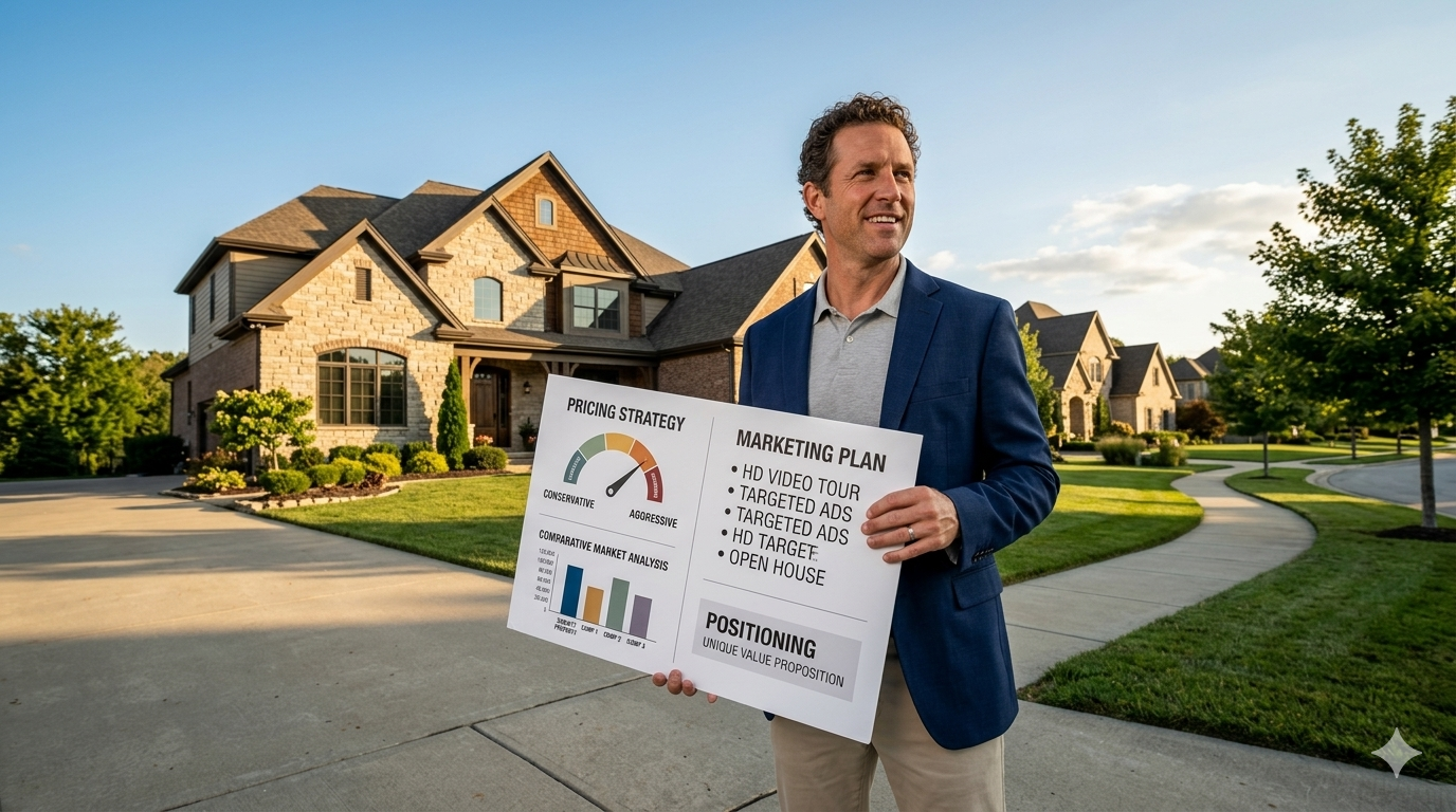 eal estate agent presenting home pricing strategy and marketing plan in front of luxury suburban house