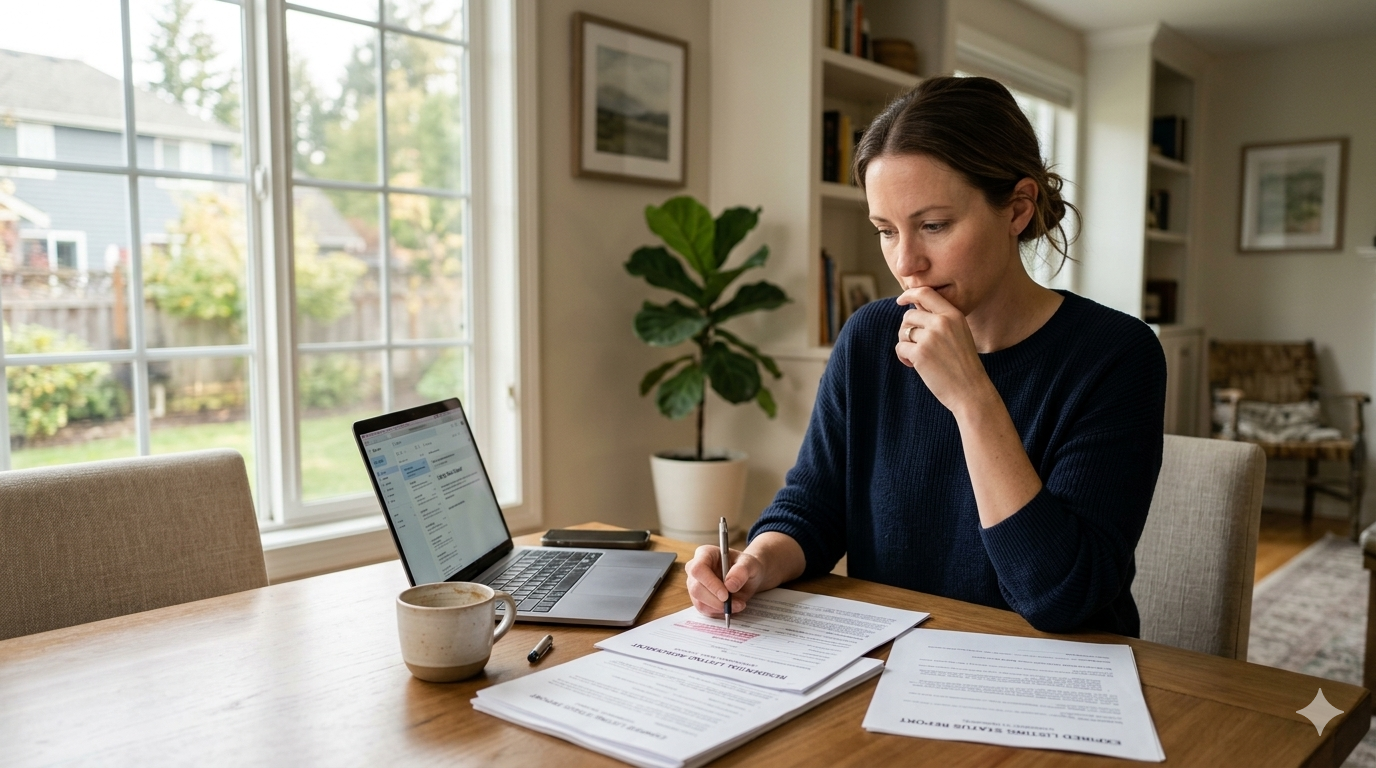 Homeowner reviewing and signing real estate contract documents at a kitchen table with a laptop, preparing for a home sale