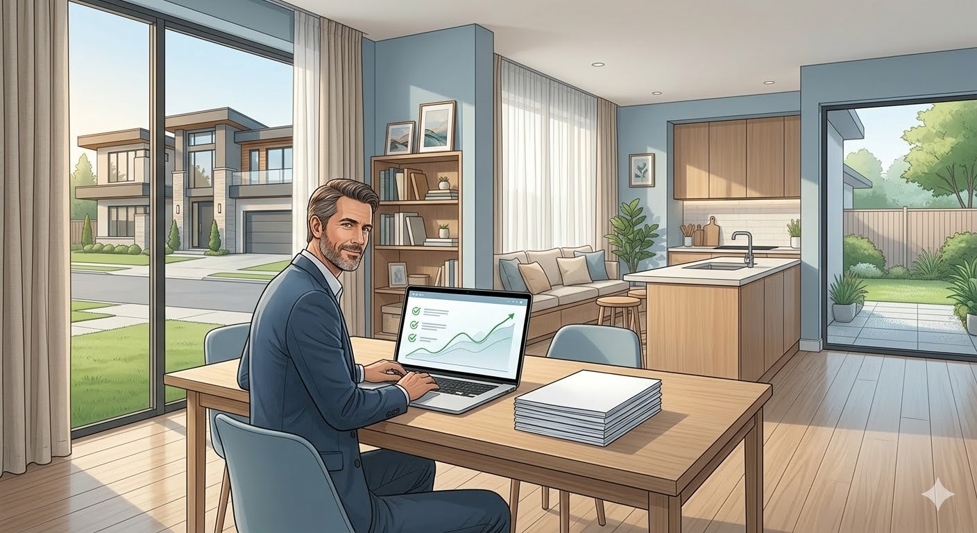 Illustration of a real estate agent using a laptop to review market trends and seller checklist inside a modern home
