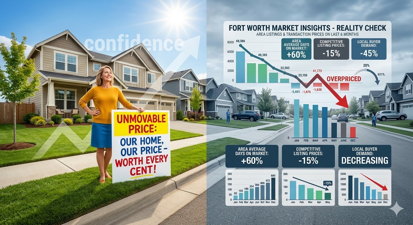 Fort Worth real estate pricing graphic showing an overpricing warning with market charts and a homeowner holding an “unmovable price” sign