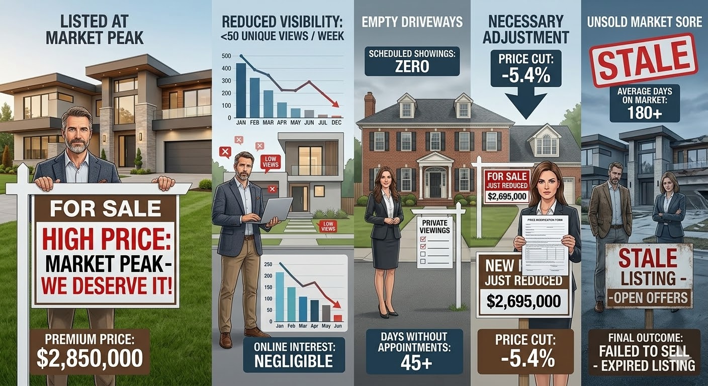 Infographic showing an overpriced home listing becoming stale with reduced visibility, zero showings, price cuts, and failed-to-sell outcome