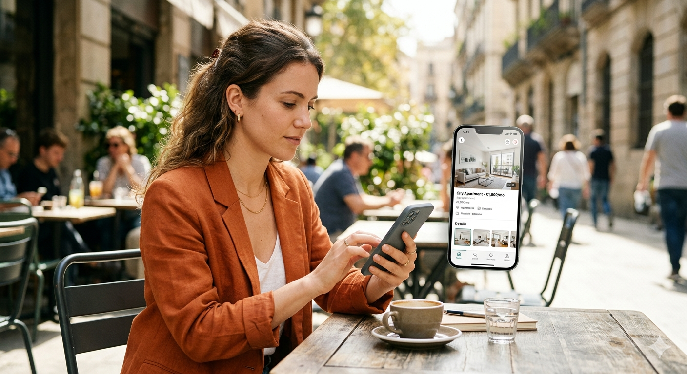 Homebuyer browsing real estate listings on a smartphone while sitting at an outdoor café