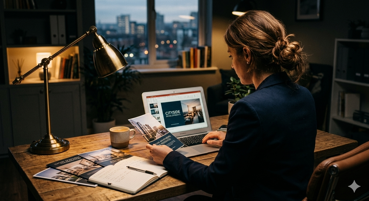 Real estate agent reviewing listing marketing materials and a digital presentation on a laptop during an evening strategy session