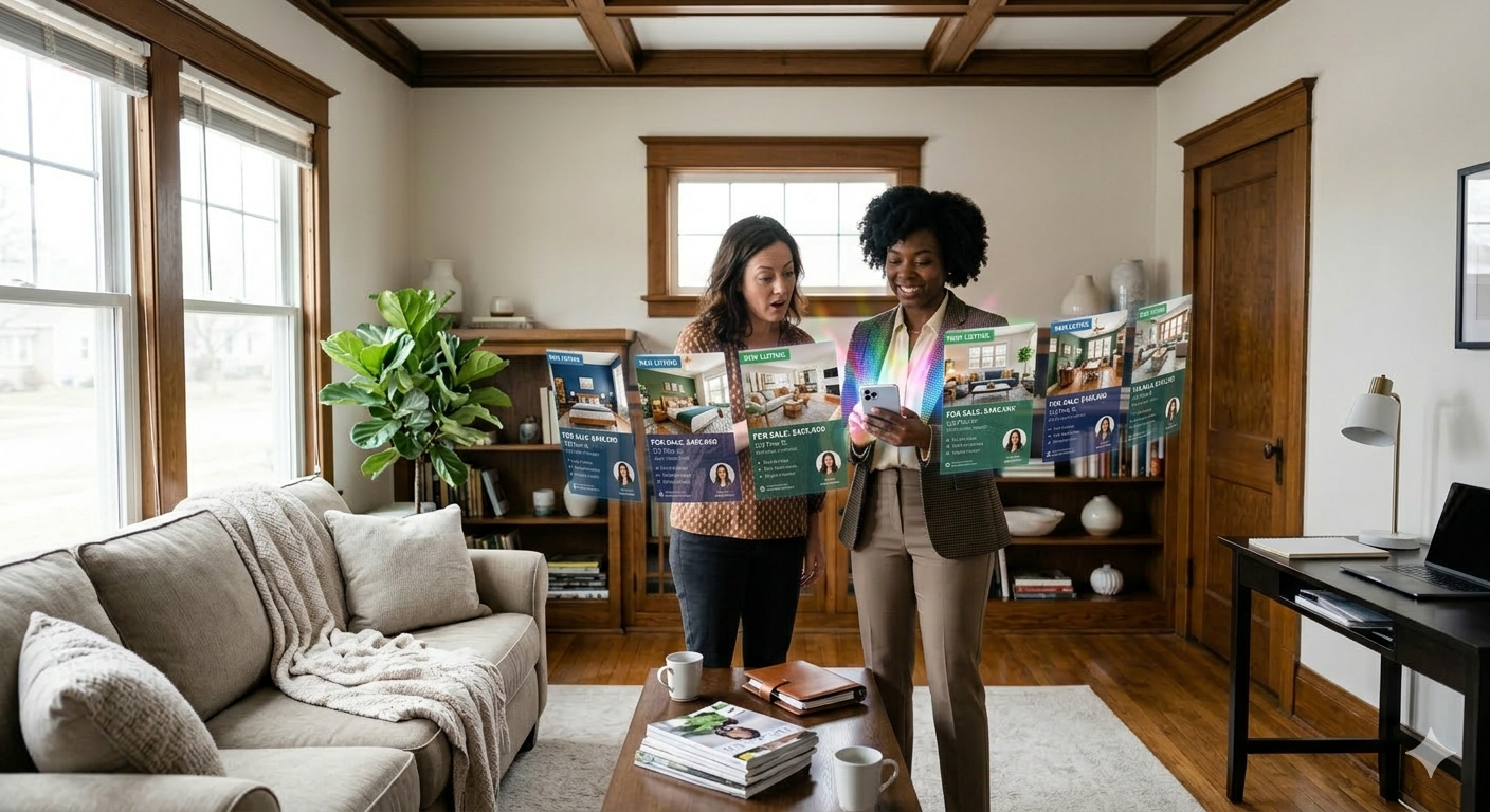 Real estate agent showing a client digital home listings on a phone inside a living room, comparing properties and market options