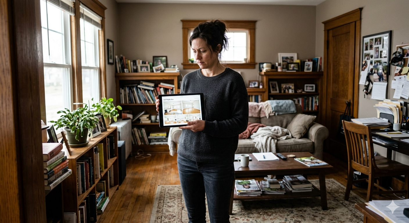 Homeowner standing in a lived-in living room holding a tablet with home listing photos, preparing to sell and plan staging