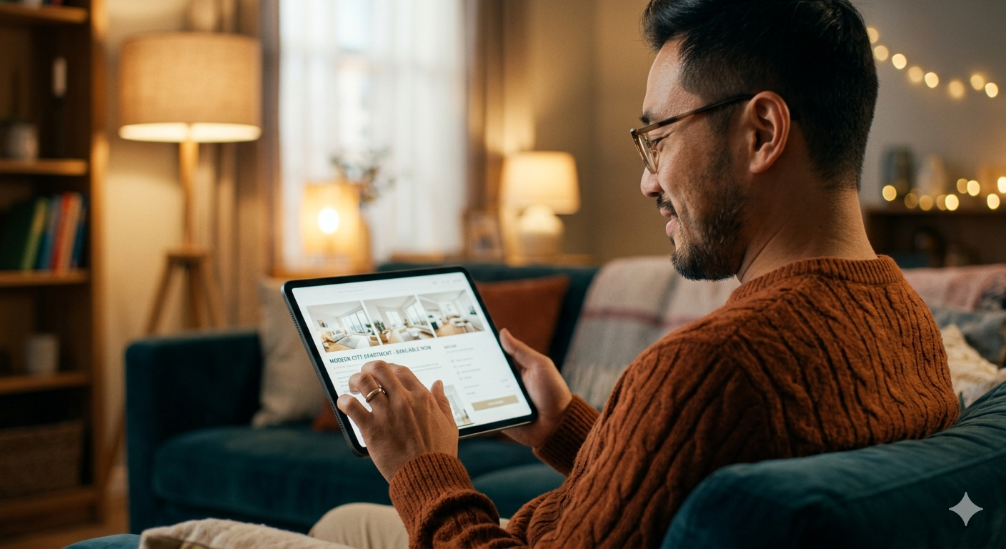 Homebuyer browsing real estate listings on a tablet while relaxing on a couch in a cozy living room