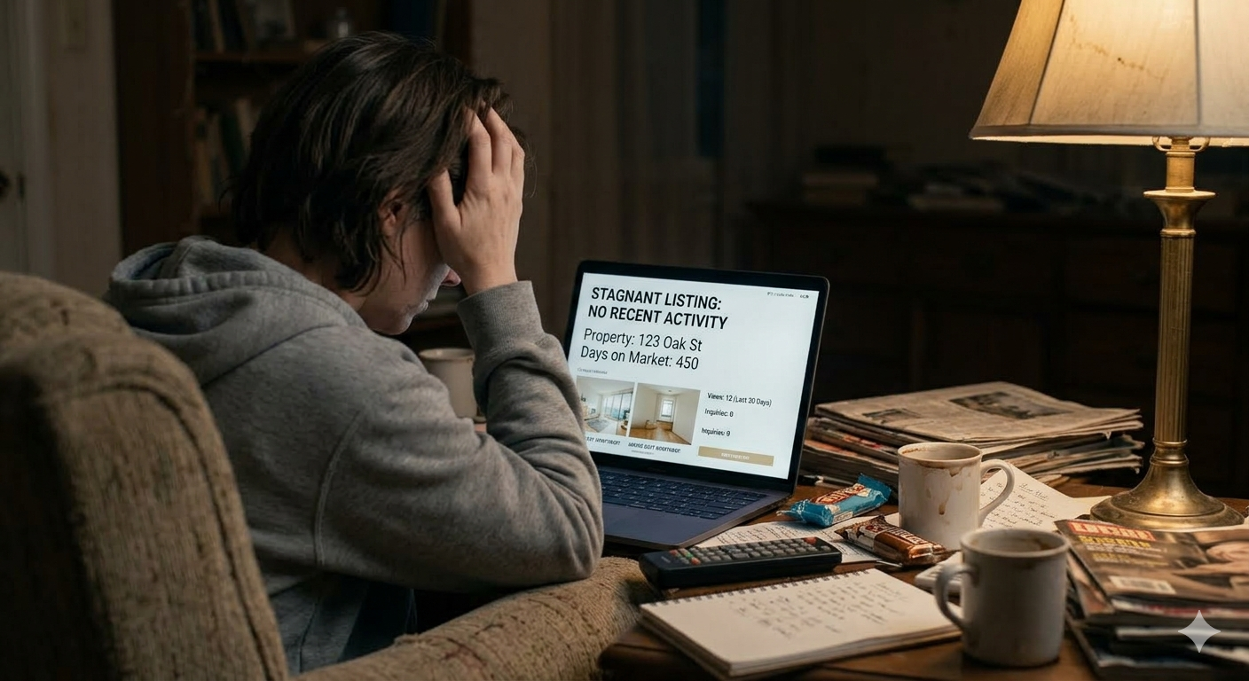 Frustrated home seller reviewing a stagnant real estate listing on a laptop at night, showing no recent activity and high days on market. Frustrated home seller reviewing a stagnant real estate listing on a laptop at night, showing no recent activity and high days on market.