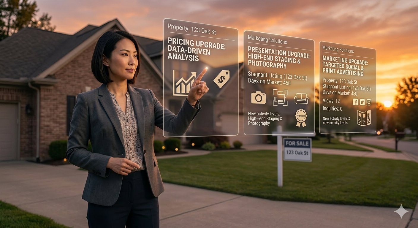 Real estate agent using data-driven pricing, staging, photography, and marketing strategies in front of a home for sale at sunset. Real estate agent using data-driven pricing, staging, photography, and marketing strategies in front of a home for sale at sunset.