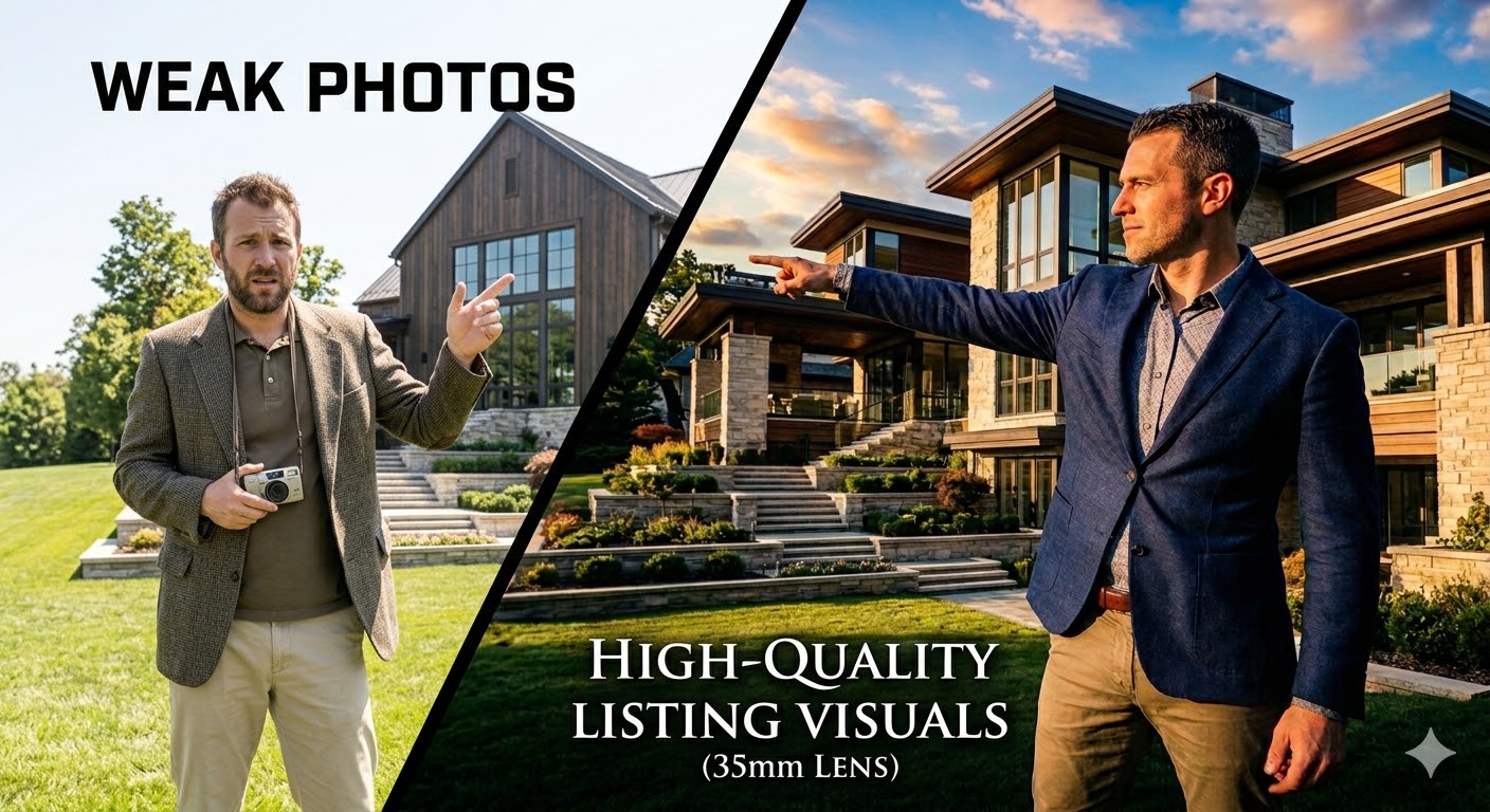 Side-by-side comparison of weak real estate photos versus high-quality listing visuals, showing how professional photography improves luxury home marketing.