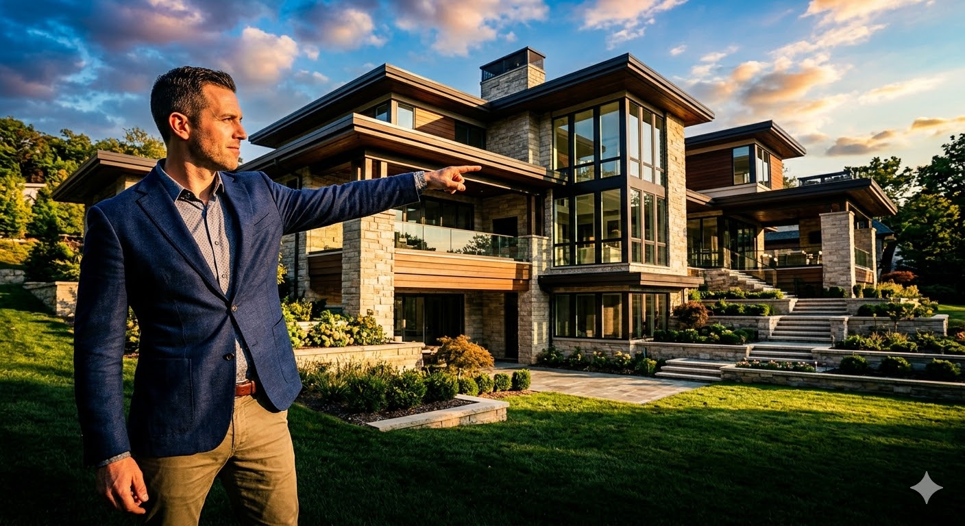 Real estate professional standing in front of a luxury modern home, highlighting high-end property presentation and premium listing photography.