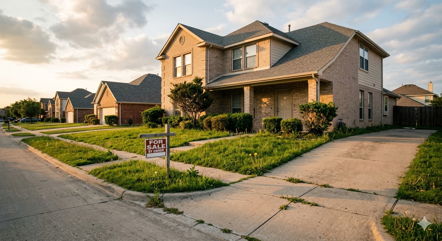 For sale by owner home with overgrown yard and unmaintained curb appeal in a suburban neighborhood at sunset.
