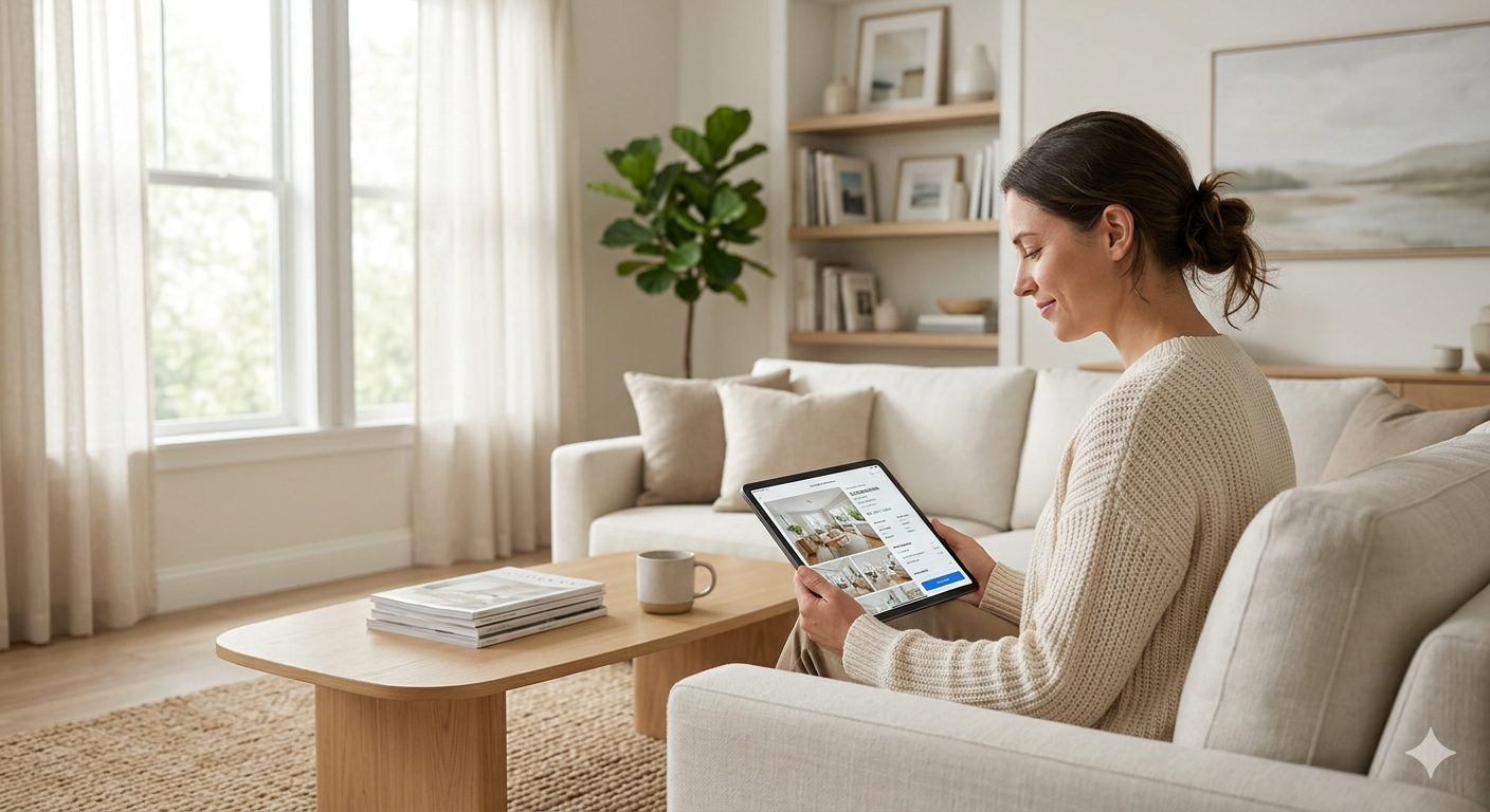 Homeowner reviewing a property listing on a tablet while seated in a bright, staged living room, representing online home search and digital real estate marketing.