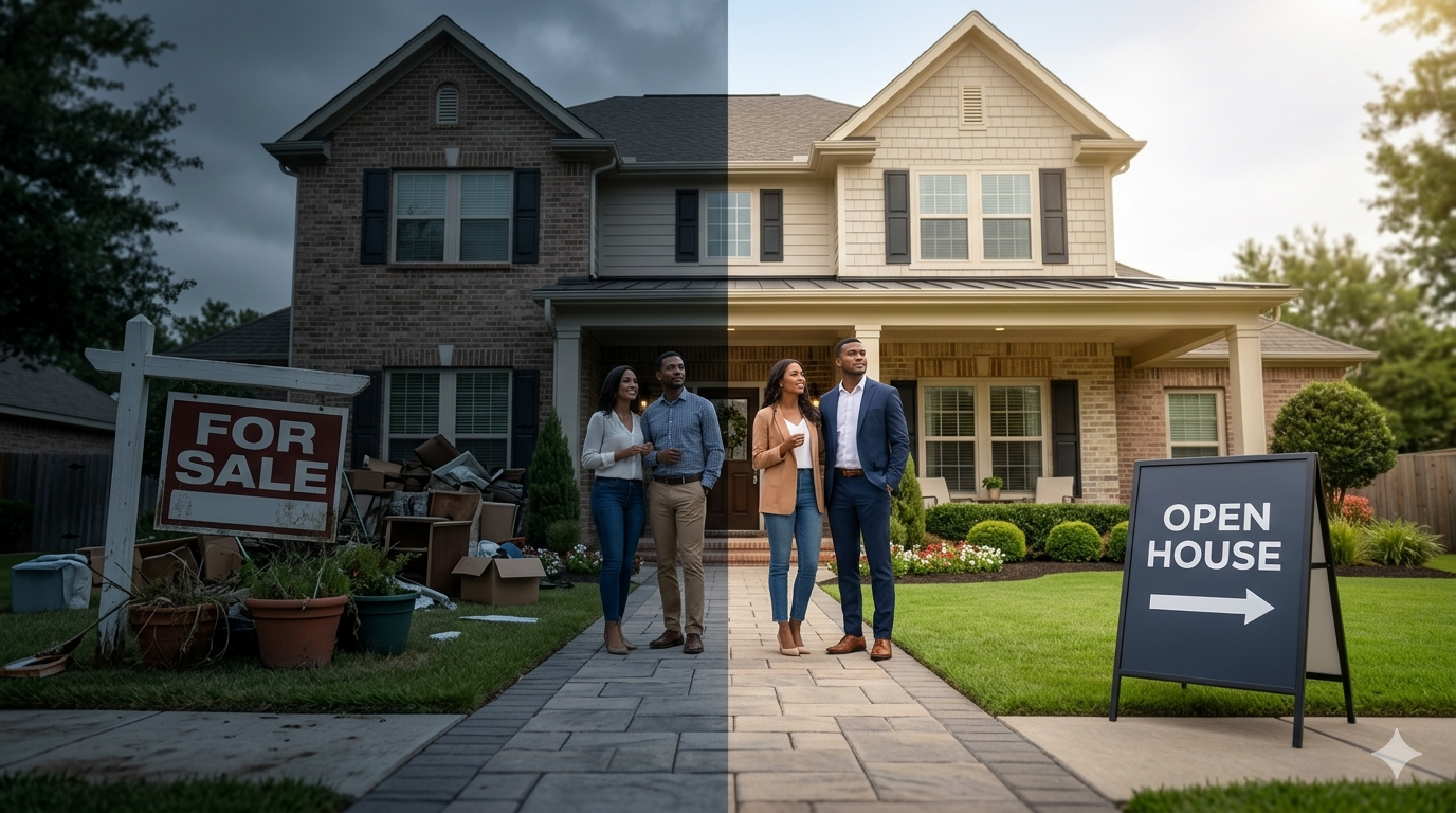 Before-and-after real estate image showing a poorly presented home for sale transformed into a clean, market-ready property with open house appeal.
