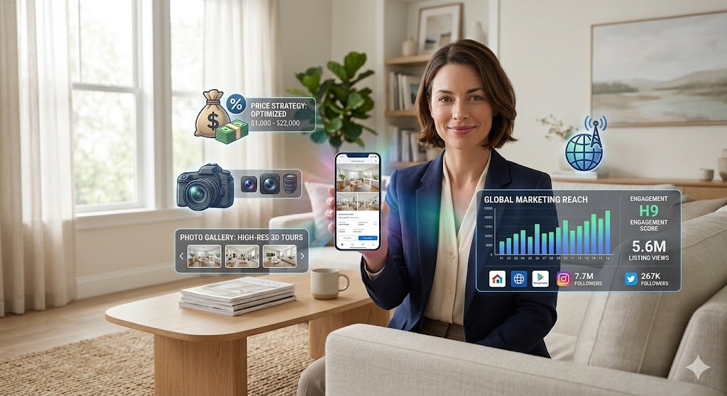 Real estate agent showcasing digital home marketing tools including pricing strategy, professional photography, 3D tours, and global online listing exposure.