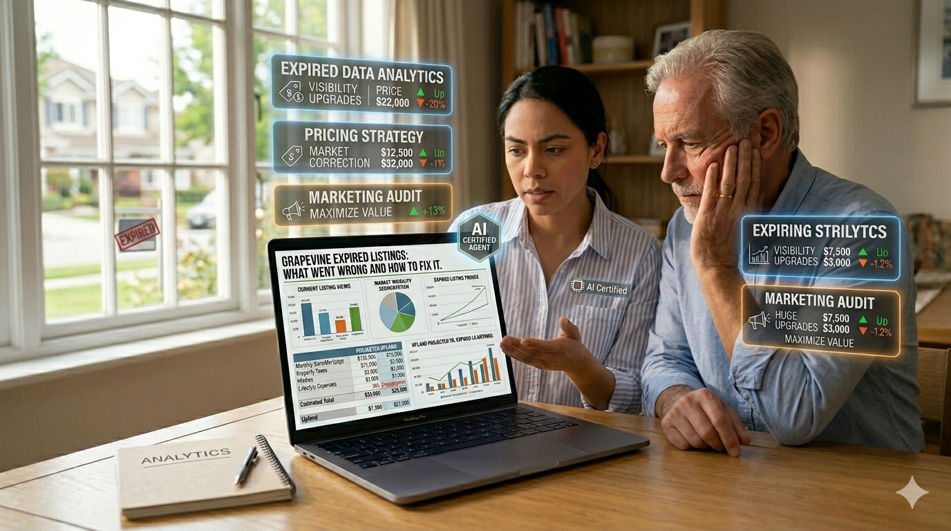 AI-certified real estate agent reviewing expired listing analytics, pricing strategy, and marketing audit with a homeowner on a laptop.