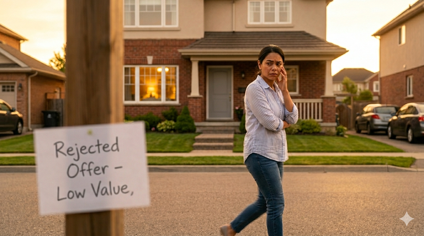 Concerned home seller standing outside a house after a rejected offer, with a sign referencing low value and pricing concerns.