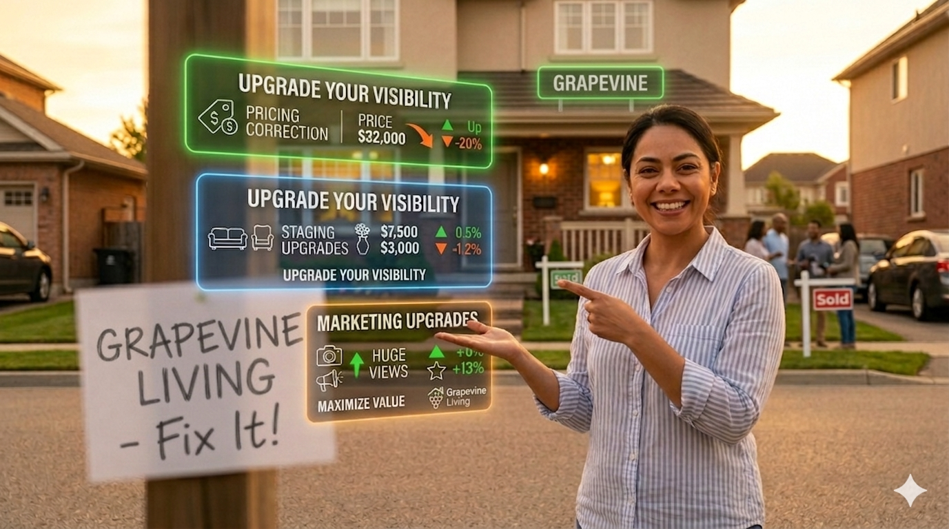 Real estate agent in Grapevine highlighting pricing correction, staging upgrades, and marketing improvements to help an expired home listing gain more visibility.