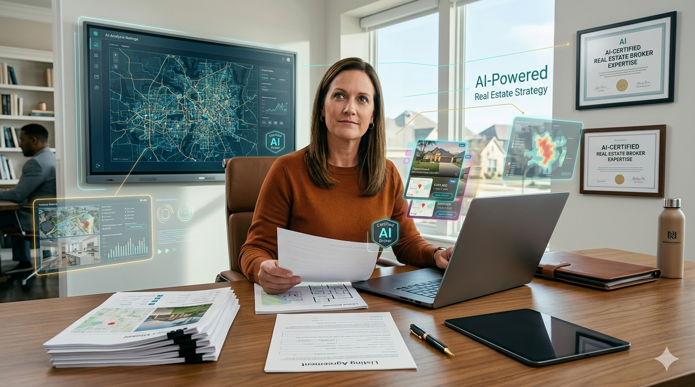 AI-certified real estate broker working at a desk with digital market analytics, property data, and AI-powered real estate strategy tools in a modern office.