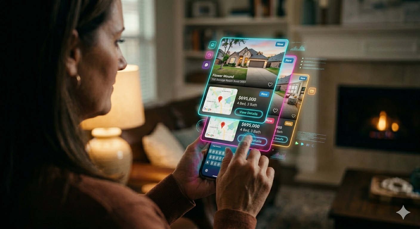 Homebuyer using a smartphone app to browse home listings, property details, and map-based search results in a living room.