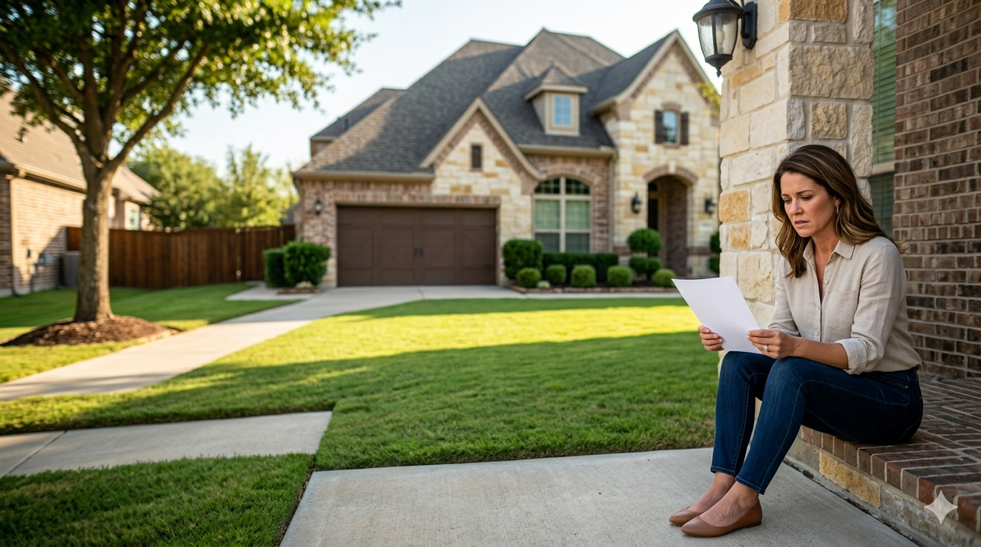 Concerned homeowner sitting outside her house reviewing paperwork, representing stress over an unsold home, pricing issues, or an expired listing.