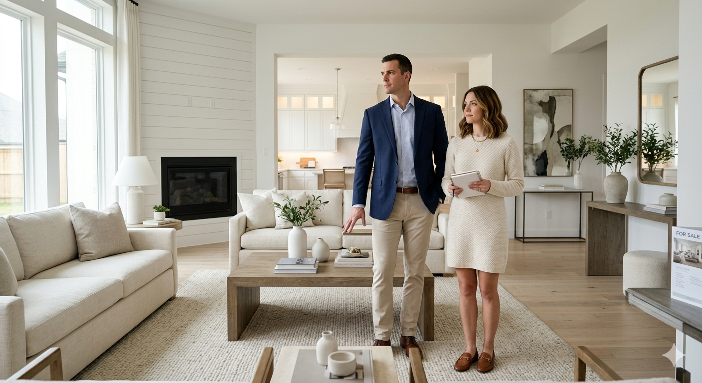 Homebuyers touring a bright, staged living room during a home showing, representing modern home buying and real estate property tours.