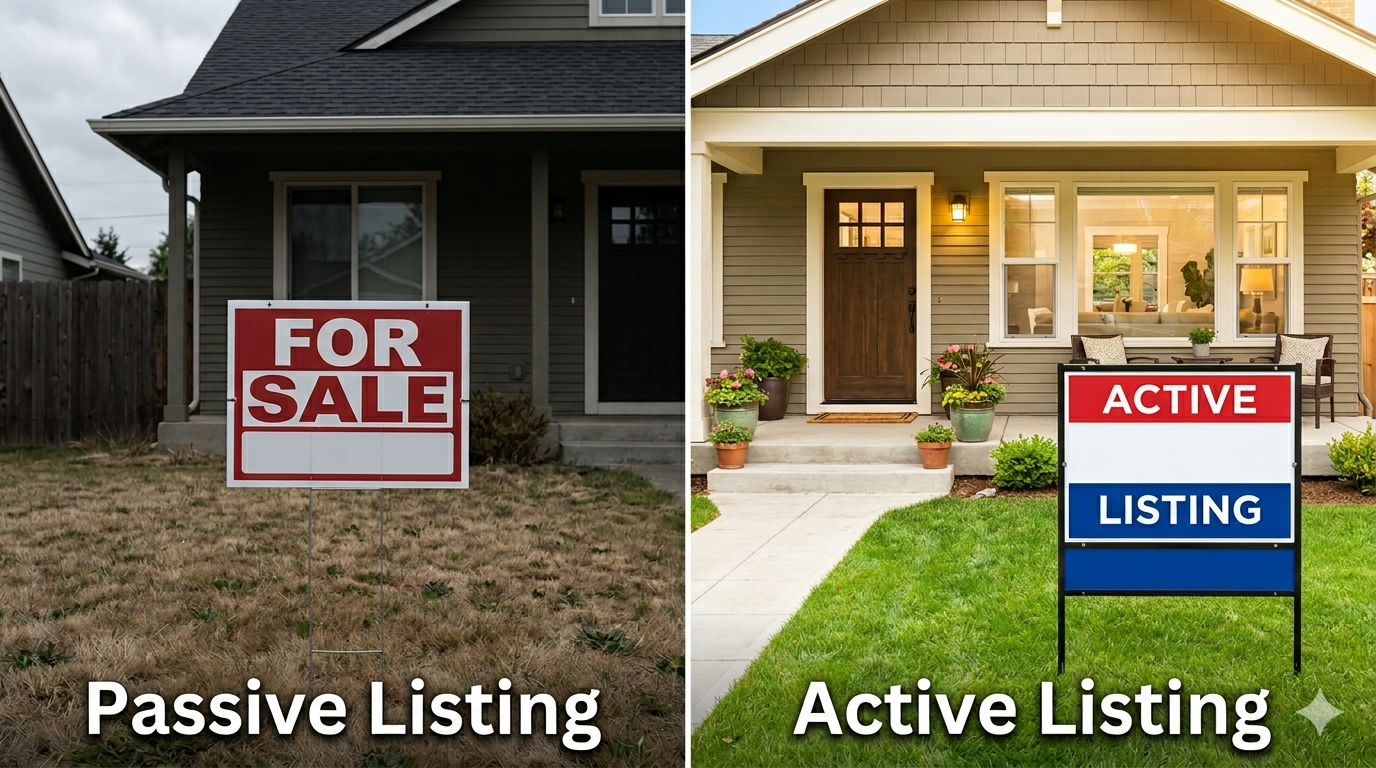 Side-by-side comparison of a passive home listing with poor curb appeal versus an active listing with fresh presentation, landscaping, and stronger market appeal.