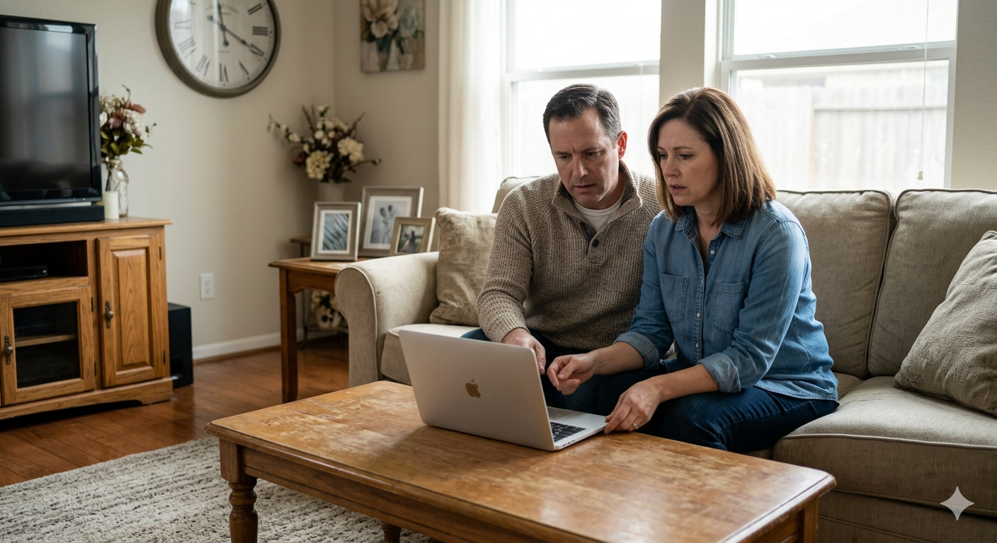 Concerned homeowners reviewing information on a laptop in their living room, representing home selling decisions, pricing questions, or real estate planning.