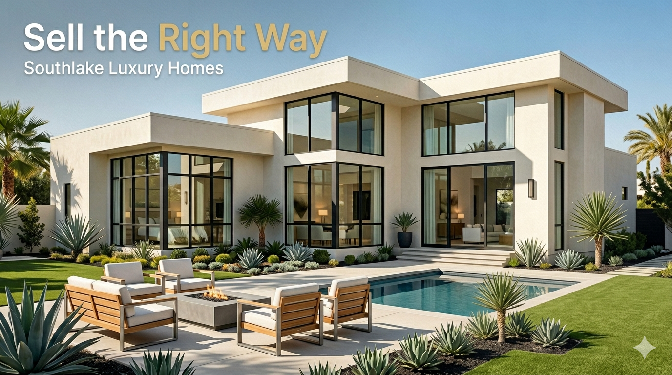 Modern luxury home in Southlake with resort-style outdoor living, pool, and sleek contemporary design, featured in a graphic about selling Southlake luxury homes the right way.