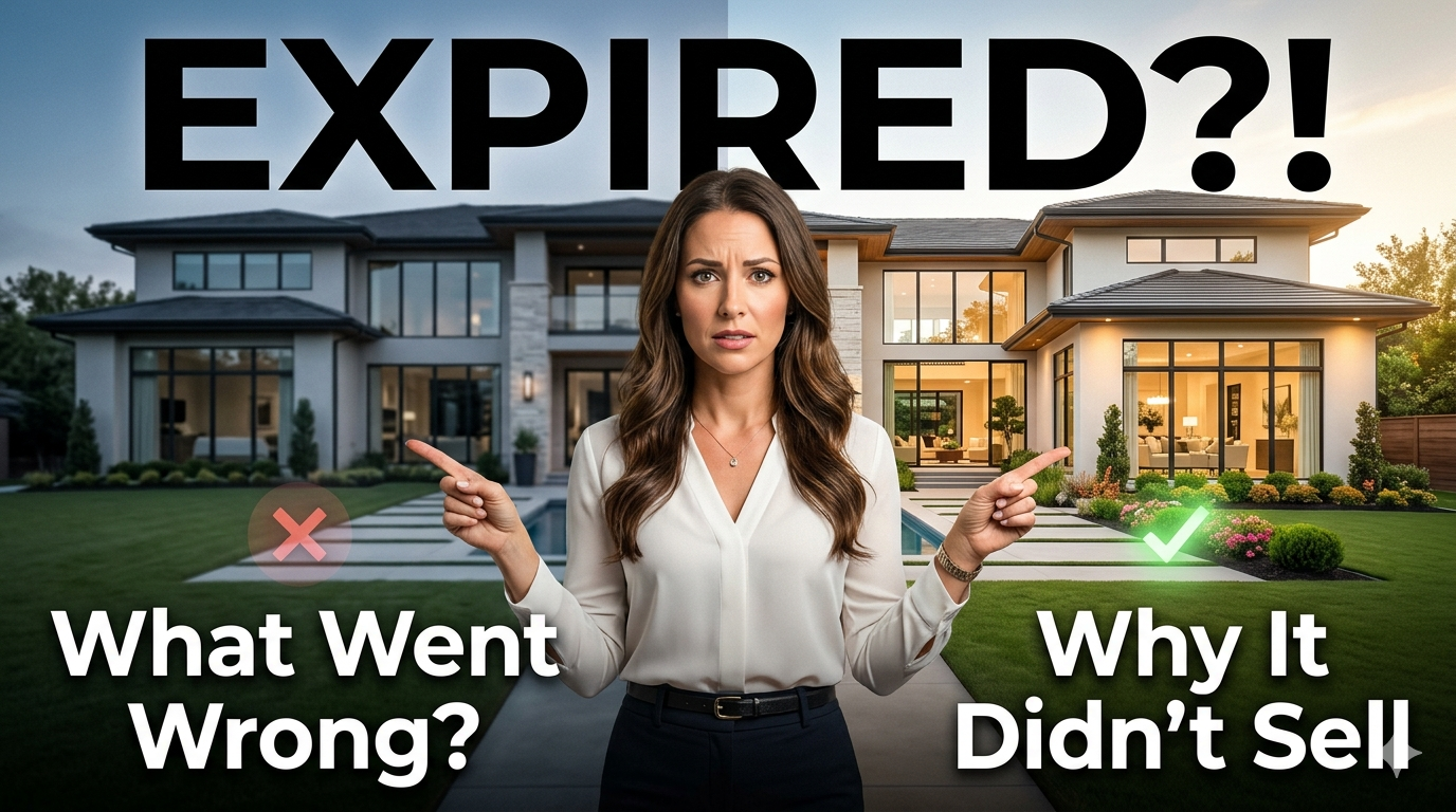 Expired luxury home listing graphic showing a concerned seller in front of a high-end home with messaging about what went wrong and why the property did not sell.