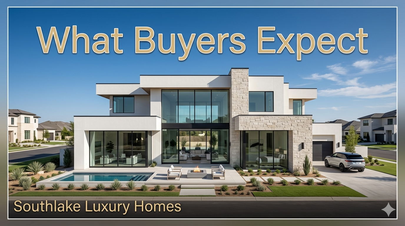 Modern luxury home in Southlake with clean contemporary architecture, pool, and upscale design, featured in a graphic about what buyers expect in Southlake luxury homes.