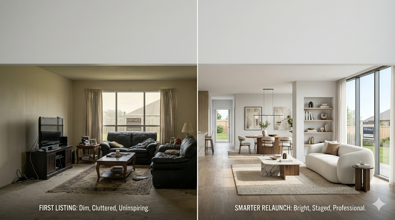 Before-and-after living room comparison showing a dim, cluttered first home listing versus a bright, professionally staged relaunch designed to attract more buyers.