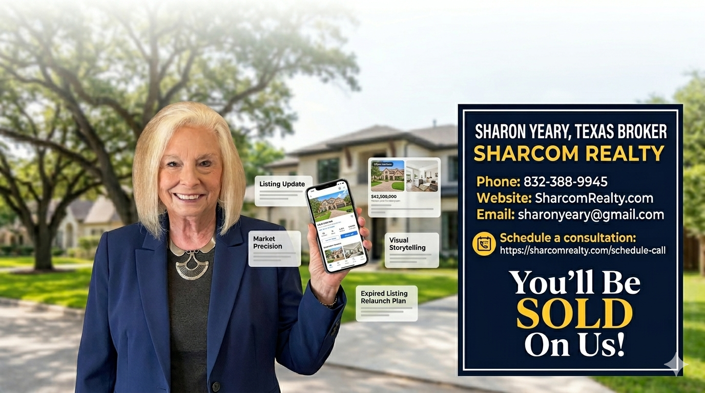 Sharon Yeary of Sharcom Realty holding a smartphone with real estate listing tools beside contact information, branding, and consultation details for Texas real estate services.