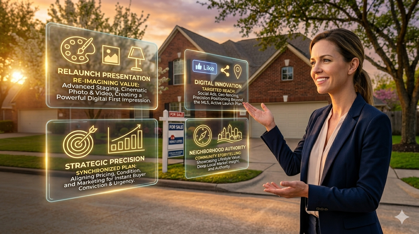 Real estate professional presenting a home relaunch strategy with staging, digital marketing, pricing precision, and neighborhood positioning in front of a suburban listing at sunset.