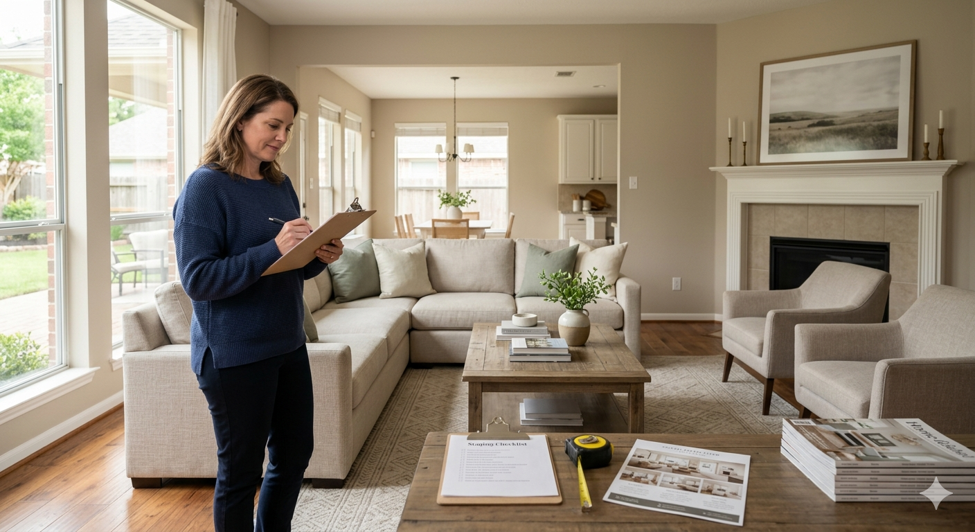 Home stager or real estate professional reviewing a staging checklist inside a clean, well-prepared living room before listing a home for sale.