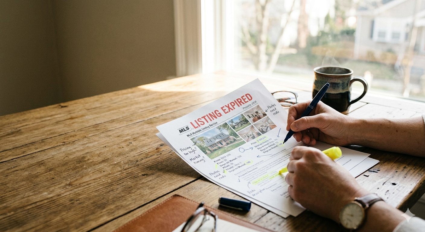 Homeowner reviewing and marking up expired listing paperwork at a table, representing analysis of pricing, photos, marketing, and relaunch strategy.