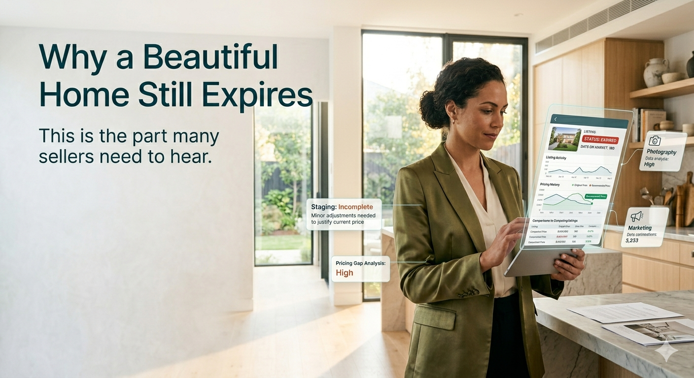 Real estate marketing image showing why a beautiful home can still expire, featuring a seller reviewing listing performance, pricing gaps, staging issues, photography quality, and marketing effectiveness.