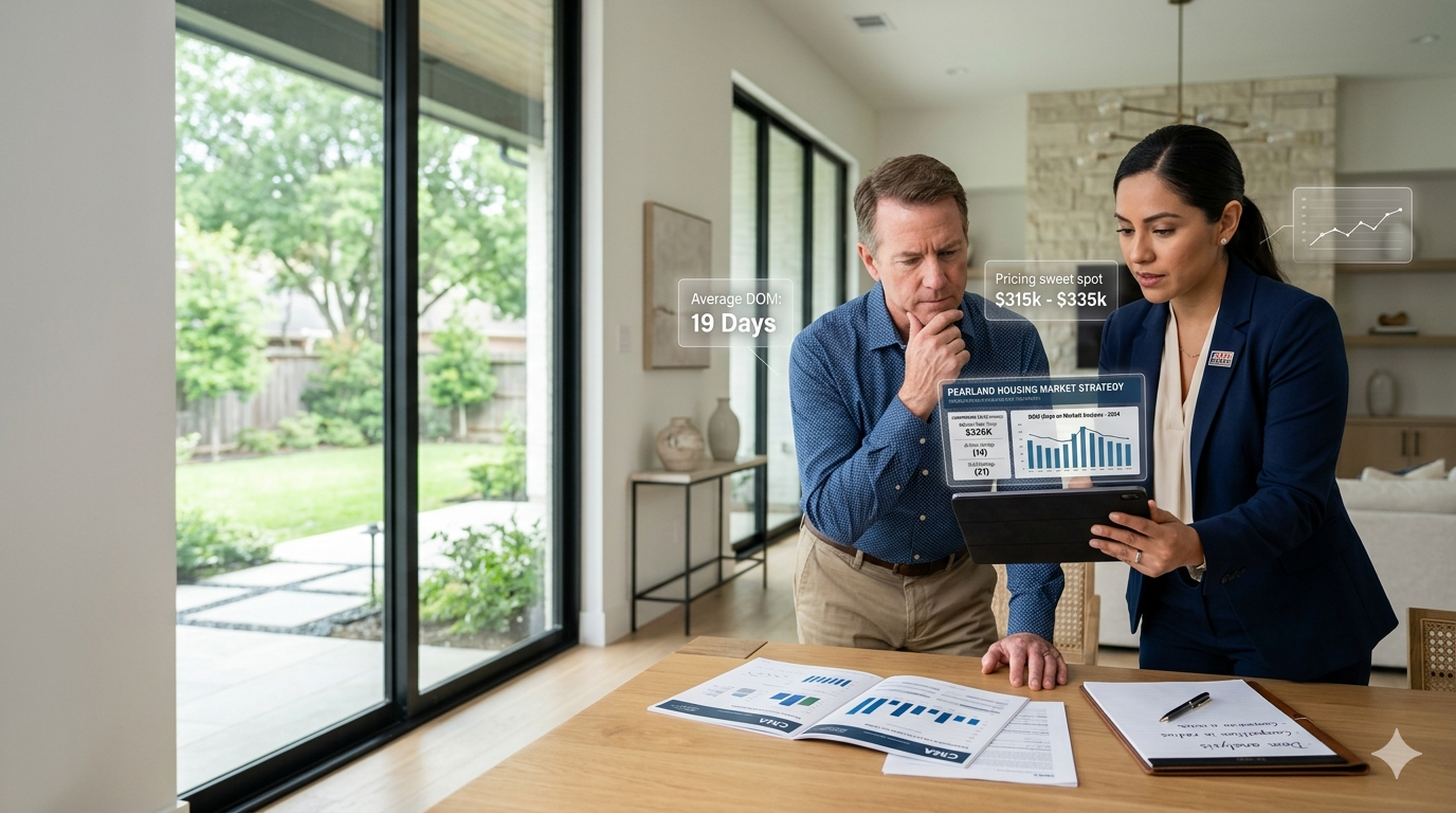 Real estate agent reviewing Pearland housing market data, average days on market, and pricing strategy with a homeowner using a tablet in a modern home.