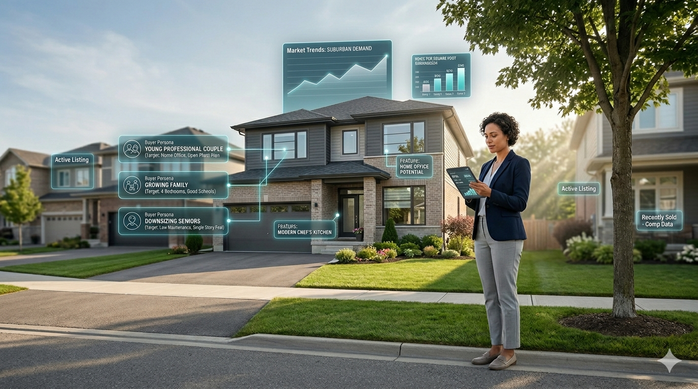 Real estate professional analyzing buyer personas, market trends, and home features in front of an active suburban listing using data-driven marketing tools.