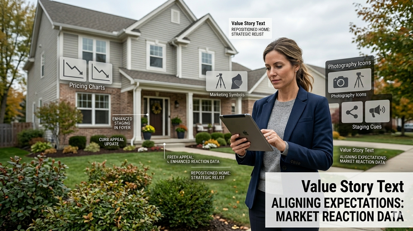 Real estate professional using a tablet in front of a home to review pricing charts, curb appeal updates, staging cues, photography, and market reaction data for a strategic relist.